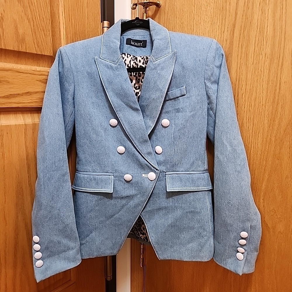 Kourt Blue Denim Blazer 100% Cotton Double Breasted Pockets Slim Cut Size S